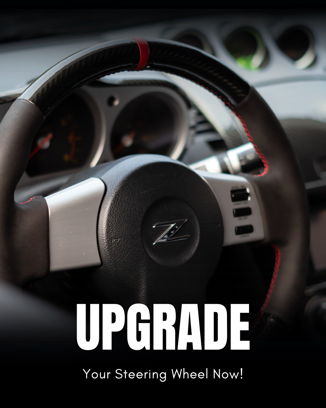 Custom black and red steering wheel cover with sporty stitching on a vehicle's steering wheel, highlighting the 'UPGRADE Your Steering Wheel Now!' text overlay.